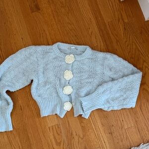 Urban Outfitters Light Blue Cable Knit Sweater with Floral Buttons